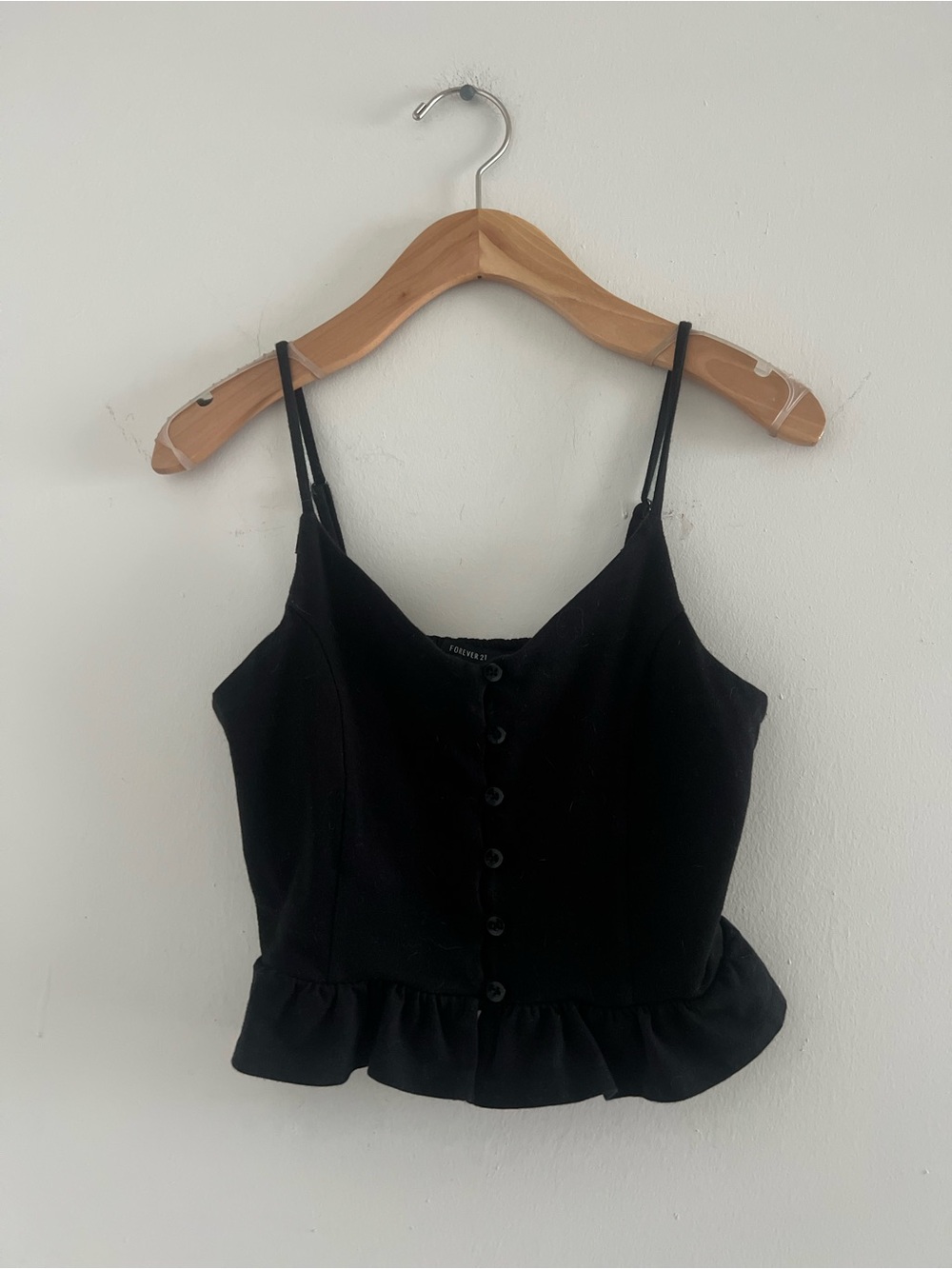 Forever 21 Black Button Up Crop Cami Peplum Ruffle Hem Sz S